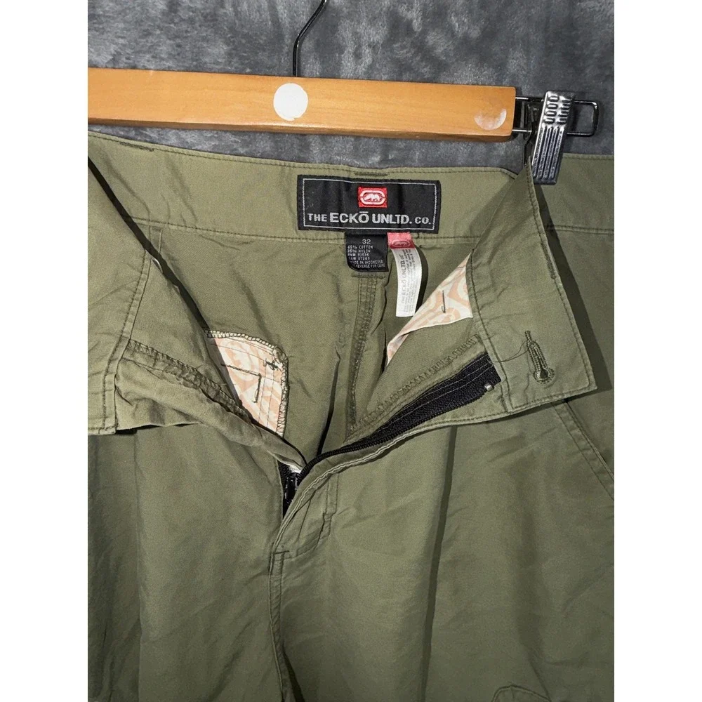 Ecko Unltd Mens Cargo Shorts Size 32 Olive Green Zipper Pockets Cotton Blend